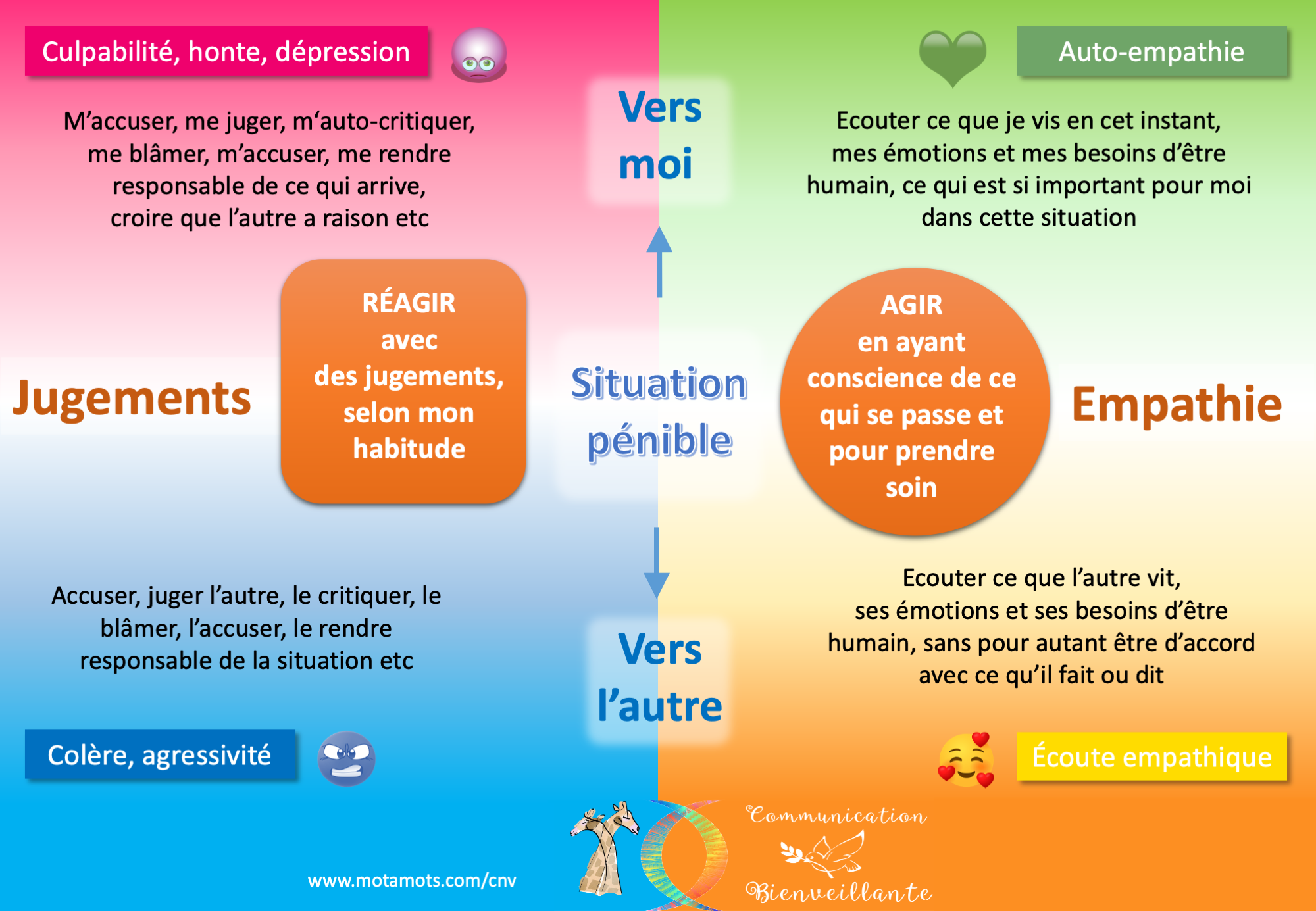 Schéma illustrant la différence entre réaction et réponse consciente